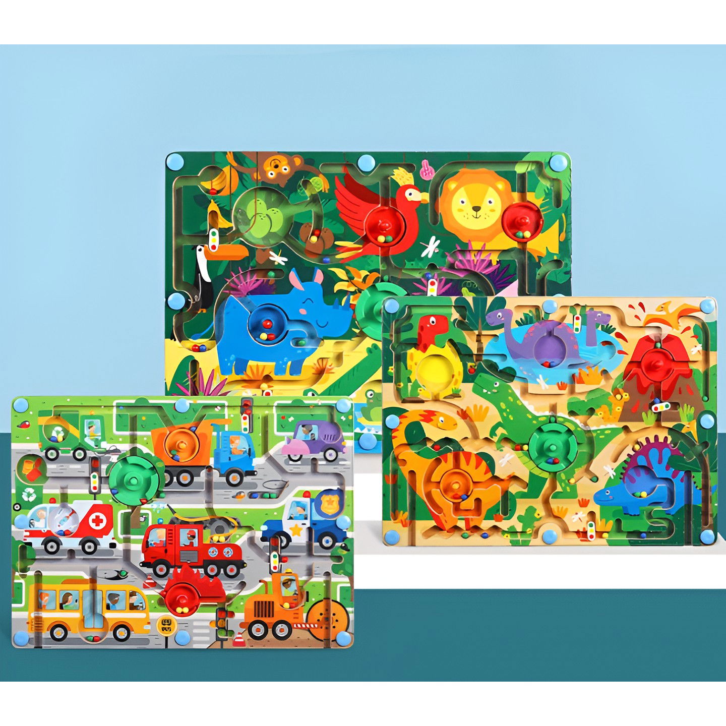 Joc Montessori de Sortare Culori, Flippy, Creion Magnetic, Tip Labirint Ilustrat, din Lemn, Model Animale Salbatice, 39x29x1.5 cm [4]