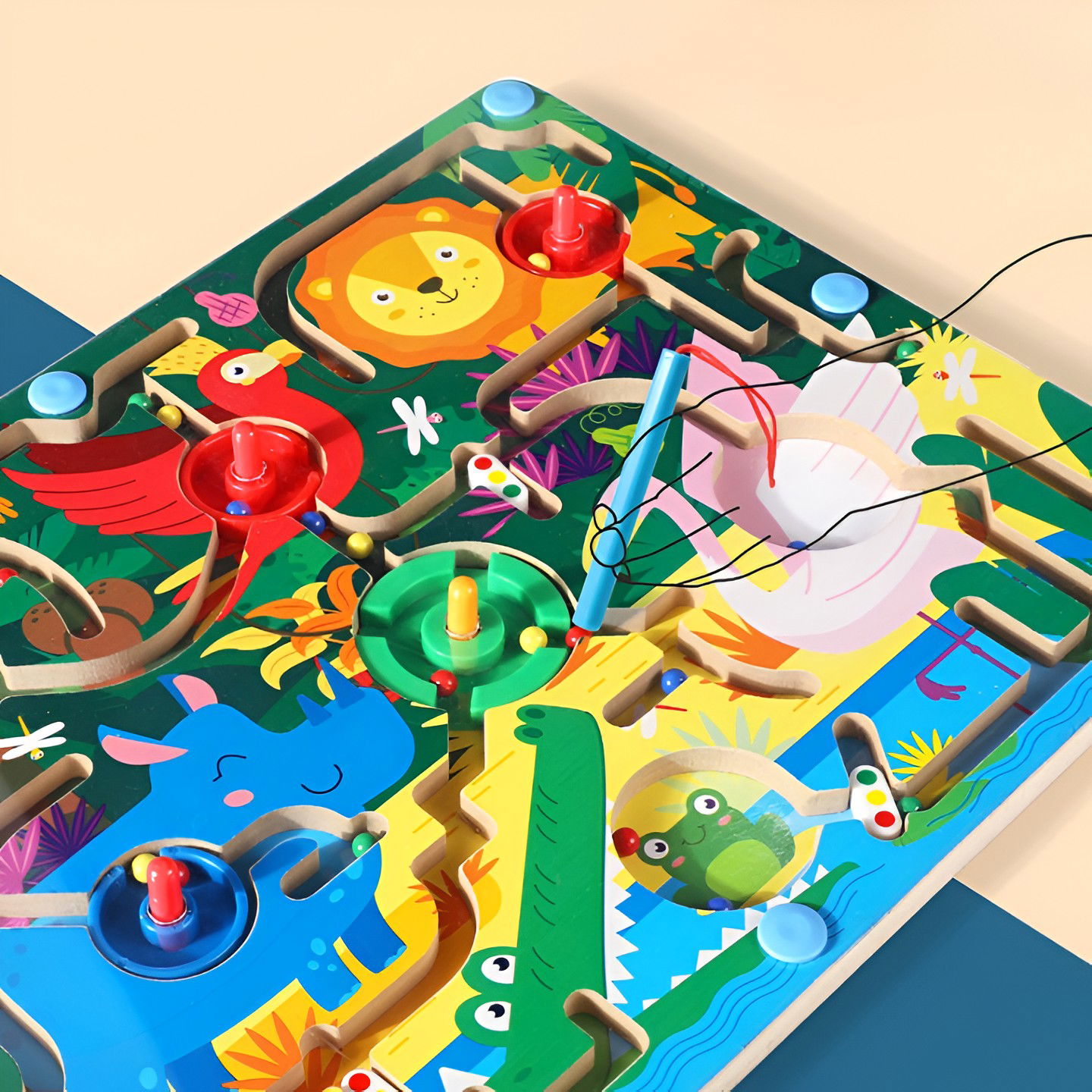 Joc Montessori de Sortare Culori, Flippy, Creion Magnetic, Tip Labirint Ilustrat, din Lemn, Model Animale Salbatice, 39x29x1.5 cm [7]