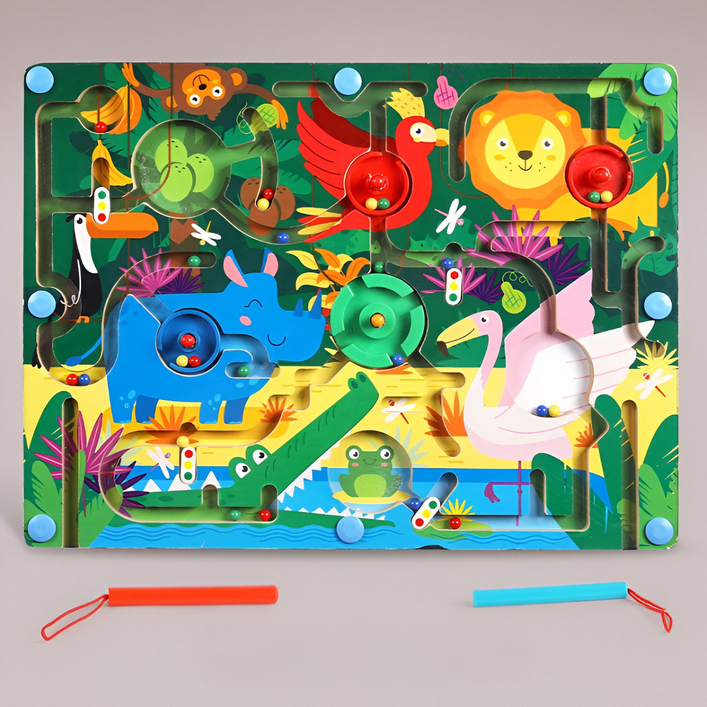 Joc Montessori de Sortare Culori, Flippy, Creion Magnetic, Tip Labirint Ilustrat, din Lemn, Model Animale Salbatice, 39x29x1.5 cm [8]