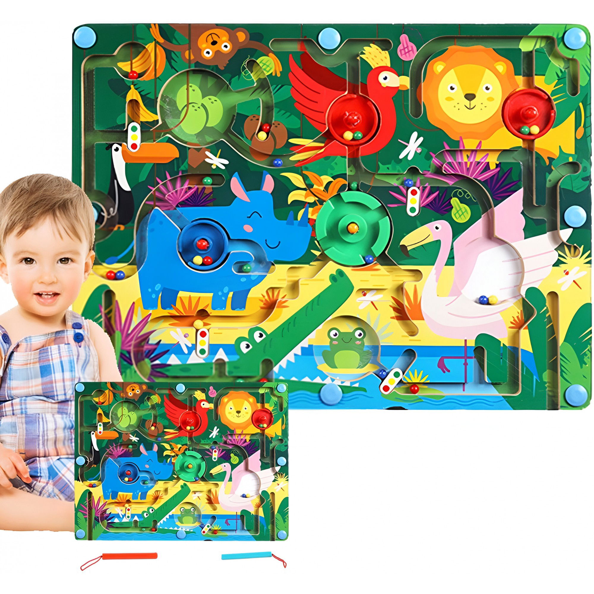 Joc Montessori de Sortare Culori, Flippy, Creion Magnetic, Tip Labirint Ilustrat, din Lemn, Model Animale Salbatice, 39x29x1.5 cm [10]