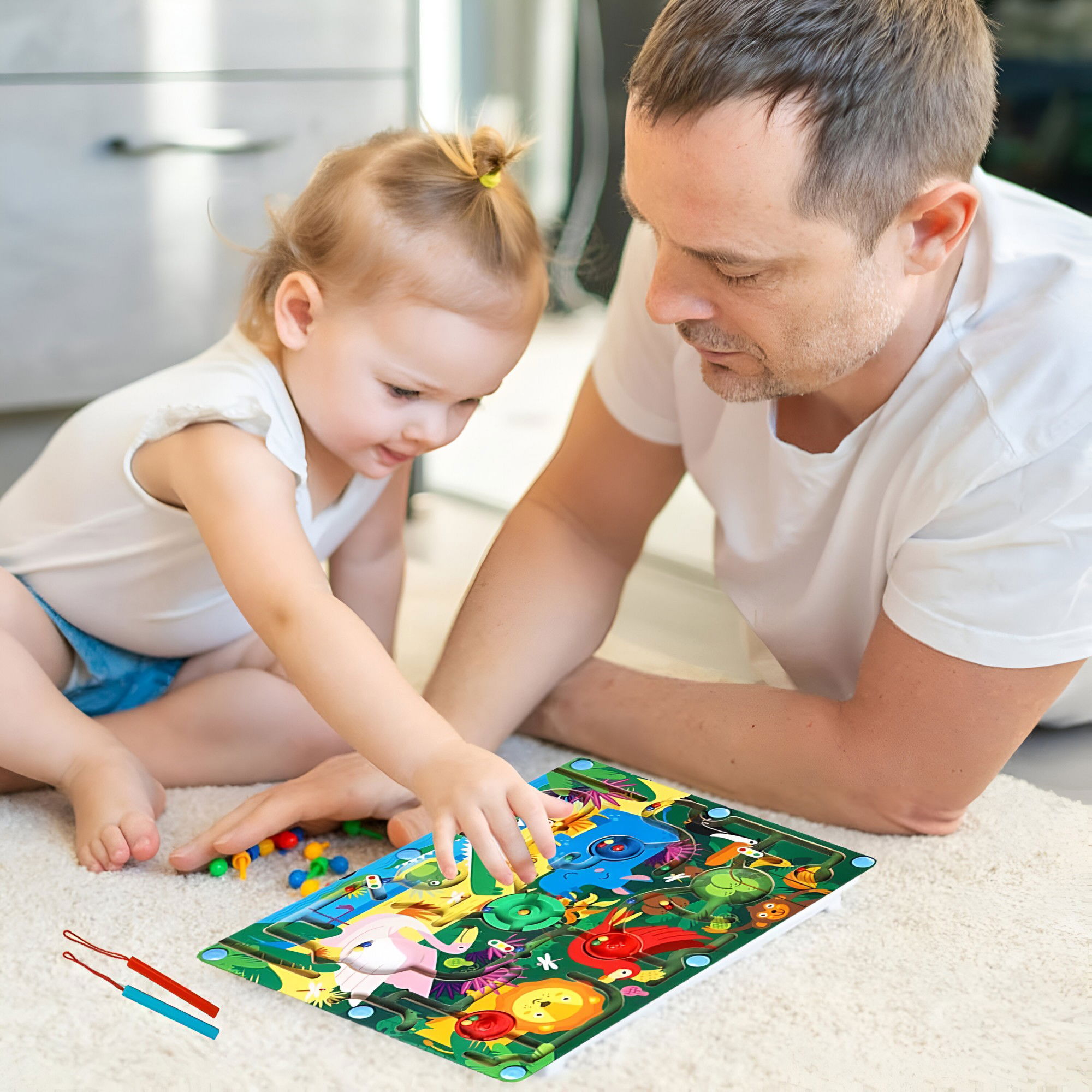 Joc Montessori de Sortare Culori, Flippy, Creion Magnetic, Tip Labirint Ilustrat, din Lemn, Model Animale Salbatice, 39x29x1.5 cm [14]