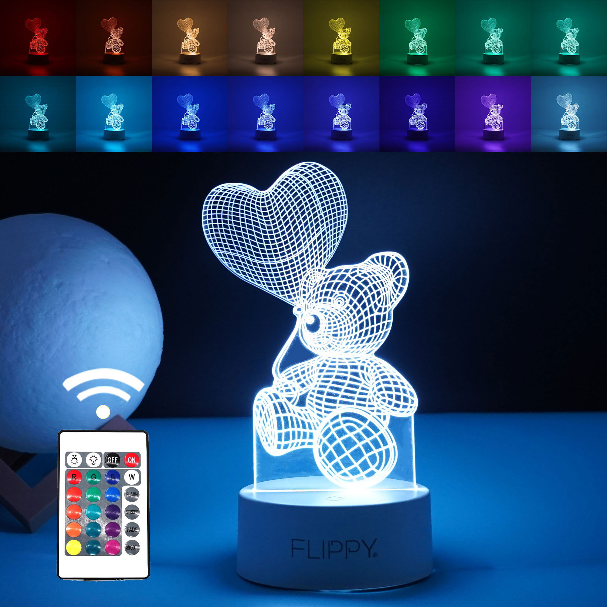 Lampa LED decorativa, Flippy, 3D, Ursulet cu balon inima, cu telecomanda, doua moduri de alimentare USB si baterii, 20 cm inaltime, din material acril si lumina multicolora, alb [1]