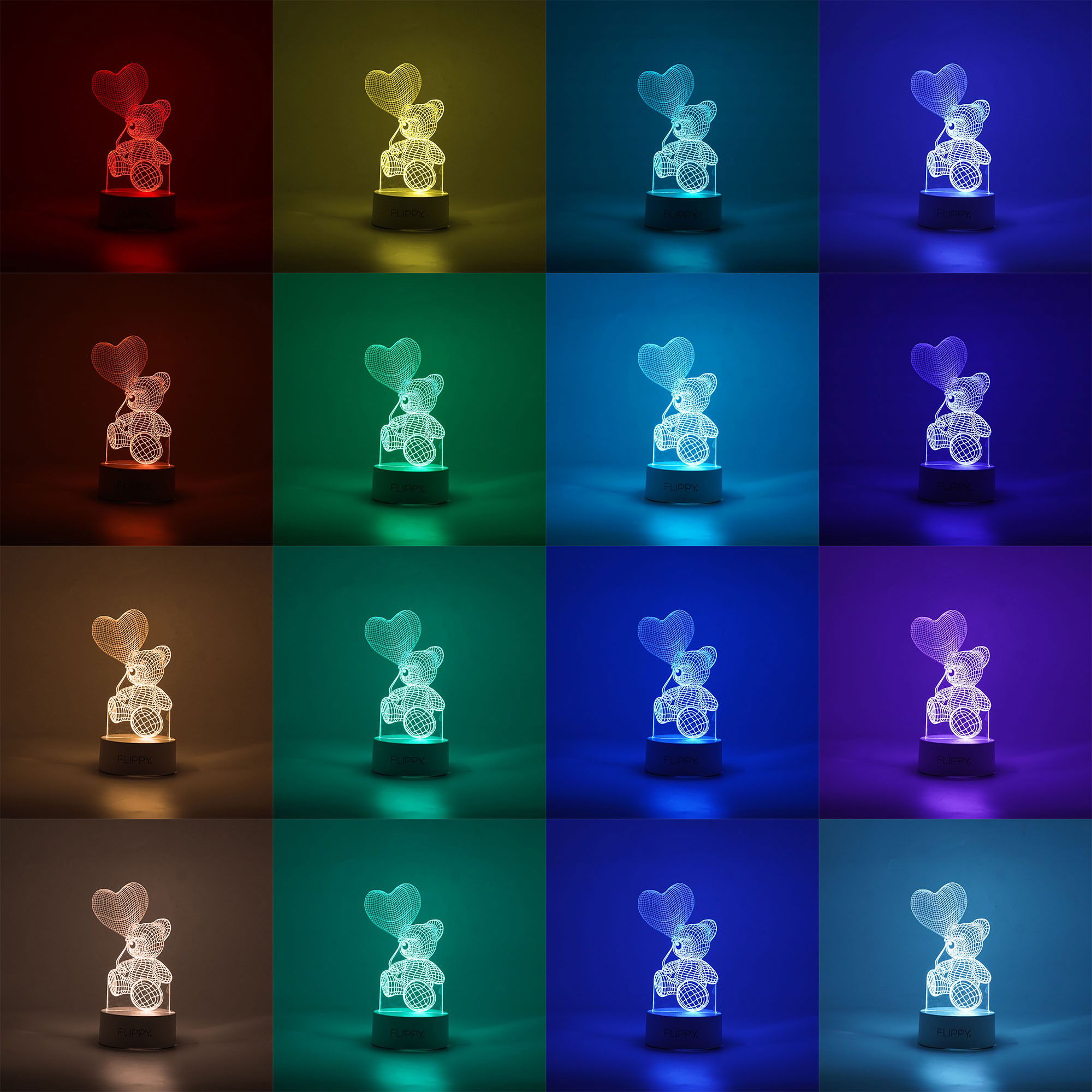 Lampa LED decorativa, Flippy, 3D, Ursulet cu balon inima, cu telecomanda, doua moduri de alimentare USB si baterii, 20 cm inaltime, din material acril si lumina multicolora, alb [3]