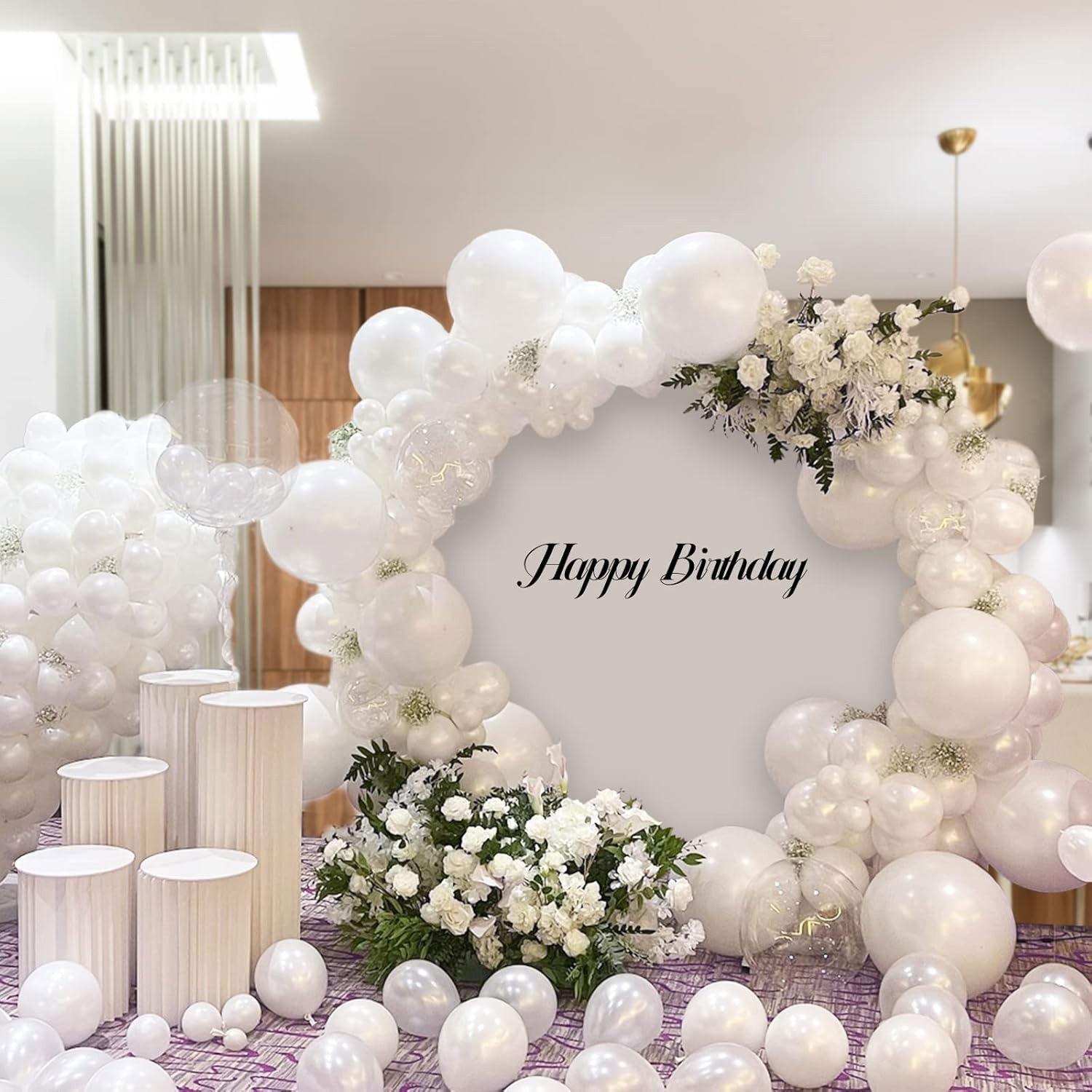 50 - 100 LEI - Baloane din Latex pentru Arcada, Flippy, Set din 120 baloane, Model Party, Botez, Pai transparent si adeziv inclus in cutie, 23 cm, Alb