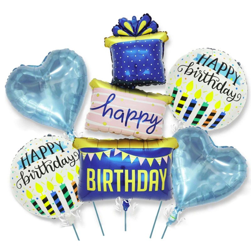 10 - 25 LEI - Baloane pentru aniversare, Flippy, tematica Happy Birthday, set 5 baloane, 1 Cadouri, 2 inimi, 2 rotunde, din folie de aluminiu, pai de carton inclus, 60 x 124 cm Albastru