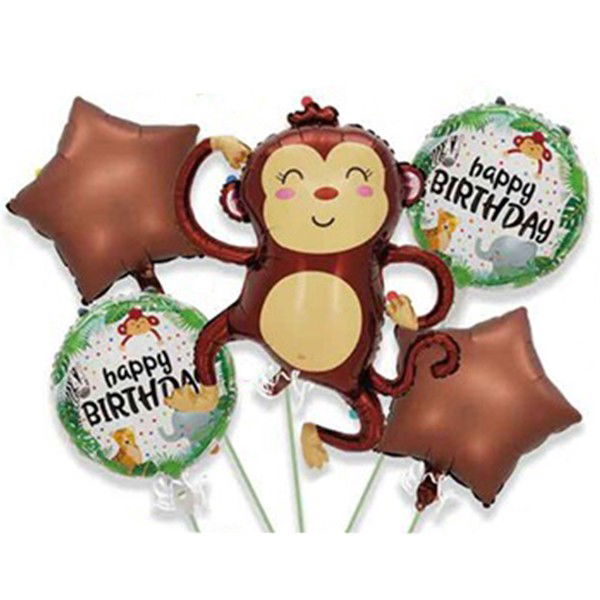 10 - 25 LEI - Baloane pentru aniversare, Flippy, tematica Happy Birthday, set 5 baloane, 1 Maimuta 85 x 89 cm, 2 Stele, 2 Rotunde, din folie de aluminiu, pai de carton inclus, Maro