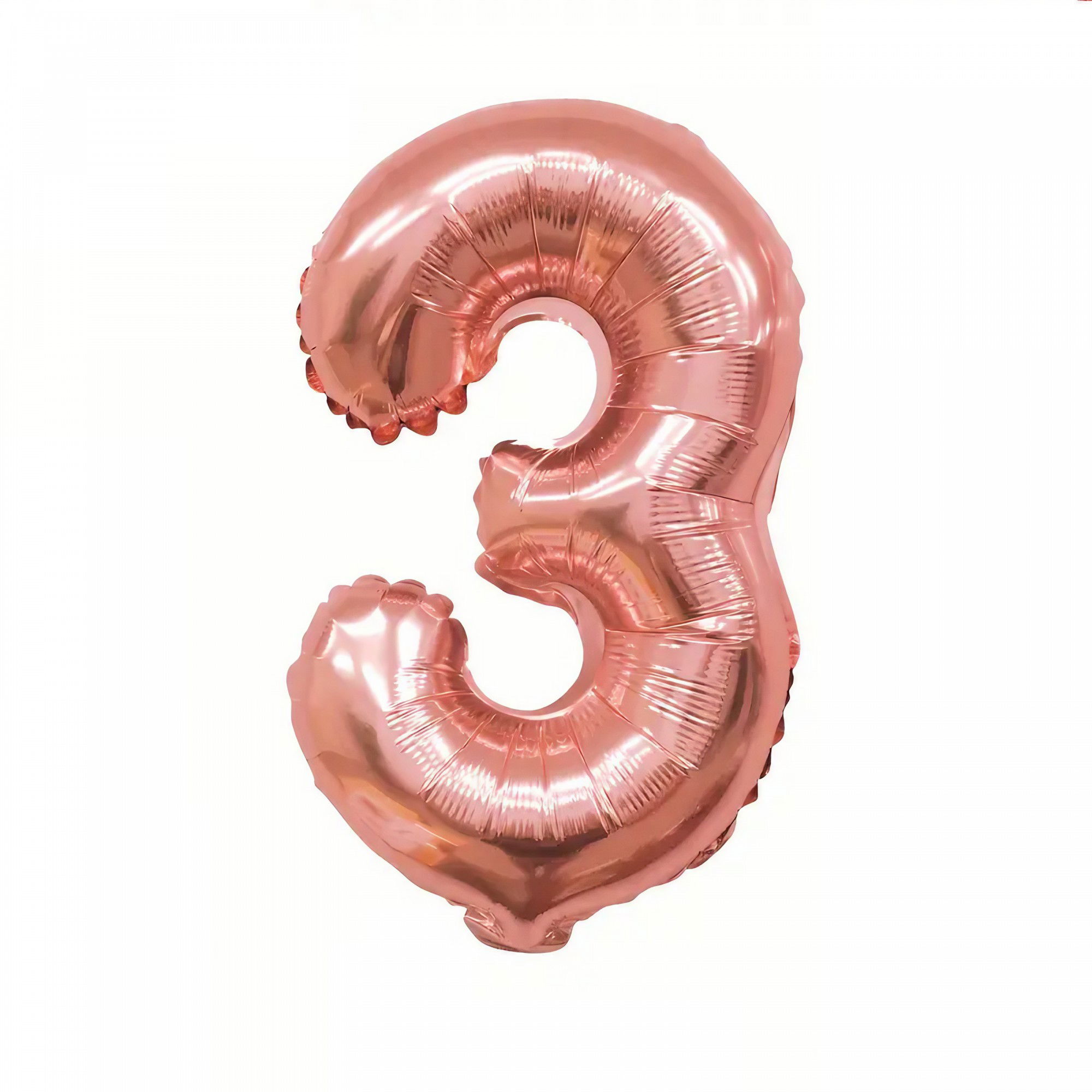 10 - 25 LEI - Balon din Folie Flippy, Cifra 3, 81 cm, Pentru Aer sau Heliu, Bulk, Roz Auriu