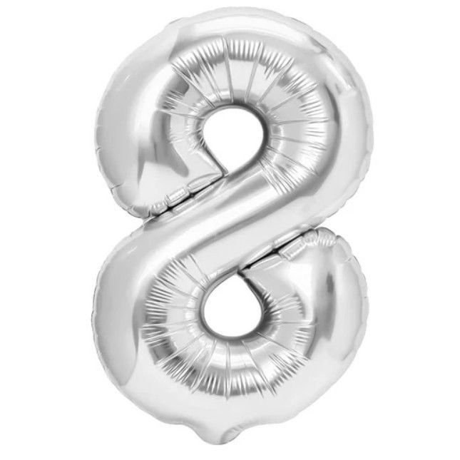 10 - 25 LEI - Balon din Folie Metalizata, Flippy, Figurina Cifra, Tema Aniversare 100 cm, Ambalaj Individual, Pai inclus, Umflare cu Aer sau Heliu, Argintiu, Cifra 8