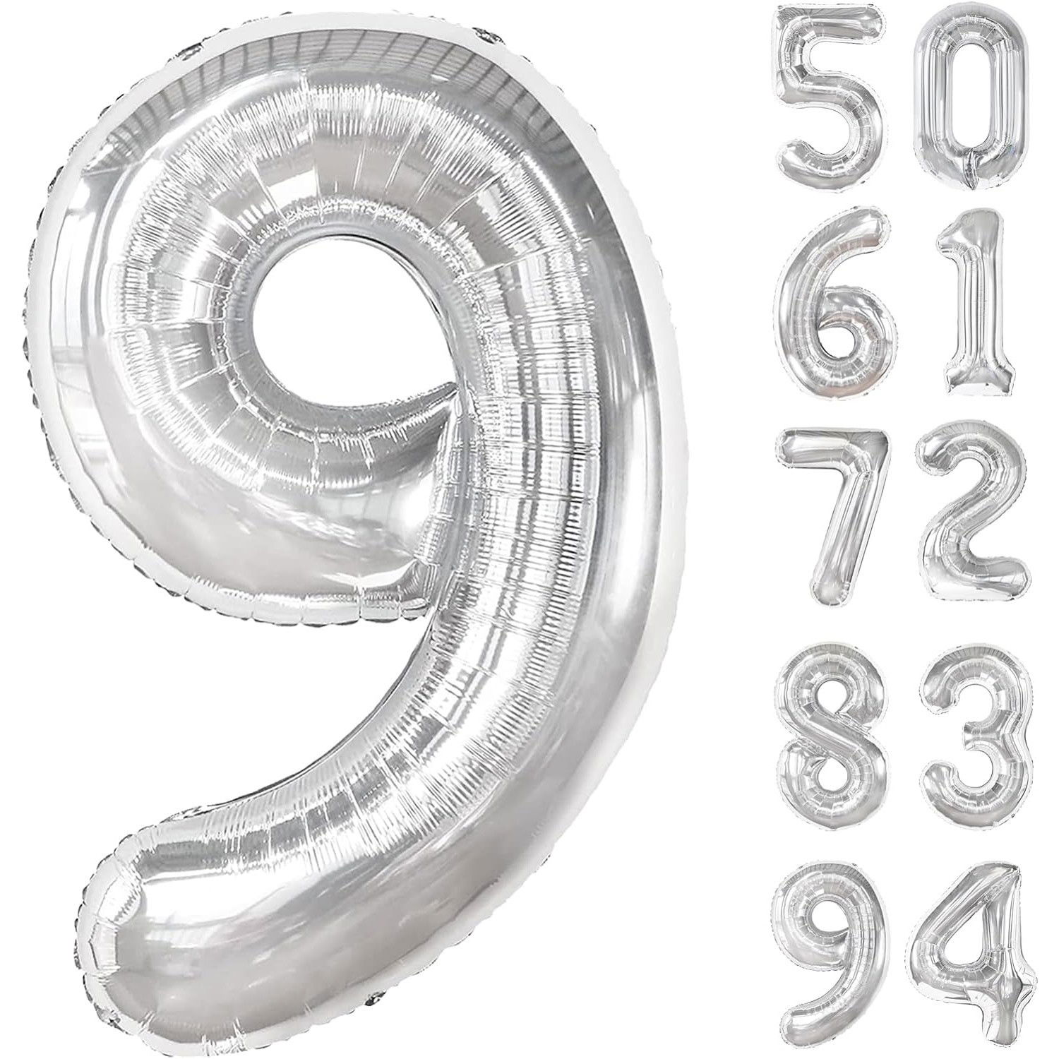 Balon din Folie Metalizata, Flippy, Figurina Cifra, Tema Aniversare 100 cm, Ambalaj Individual, Pai inclus, Umflare cu Aer sau Heliu, Argintiu, Cifra 9 [4]