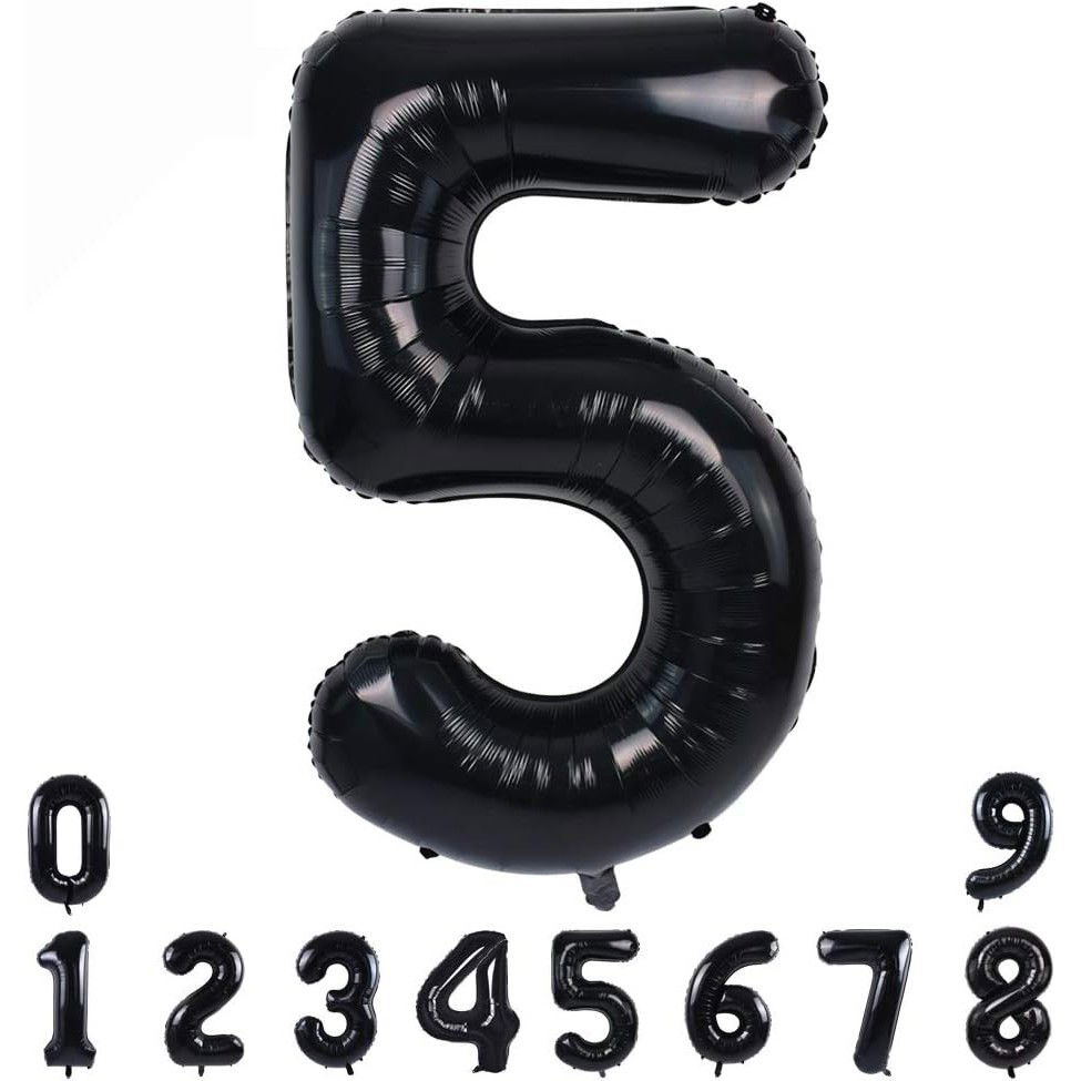 Petrecere - Balon din Folie Metalizata, Flippy, Figurina Cifra, Tema Aniversare 100 cm, Ambalaj Individual, Pai inclus, Umflare cu Aer sau Heliu, Negru, Cifra 5