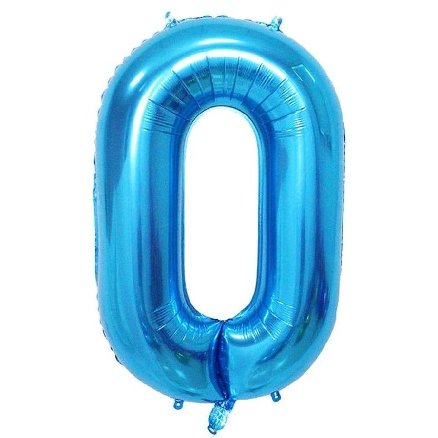 Petrecere - Balon din Folie Metalizata, Flippy, Figurina Cifra, Tema Aniversare 40 cm, Ambalaj Individual, Pai inclus, Umflare cu Aer sau Heliu, Albastru, Cifra 0