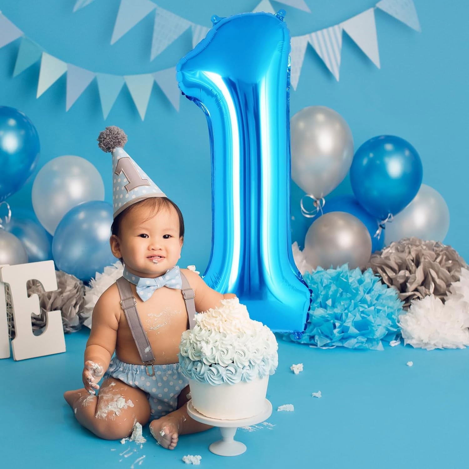 Balon din Folie Metalizata, Flippy, Figurina Cifra, Tema Aniversare 80 cm, Ambalaj Individual, Pai inclus, Umflare cu Aer sau Heliu, Albastru, Cifra 1 [7]