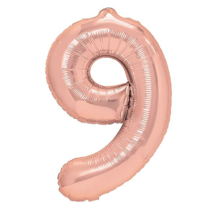 Petrecere - Balon din Folie Metalizata Flippy, Figurina Cifra, Tema Aniversare 80 cm, Ambalaj Individual, Pai inclus, Umflare cu Aer sau Heliu, Rose Gold, Cifra 9