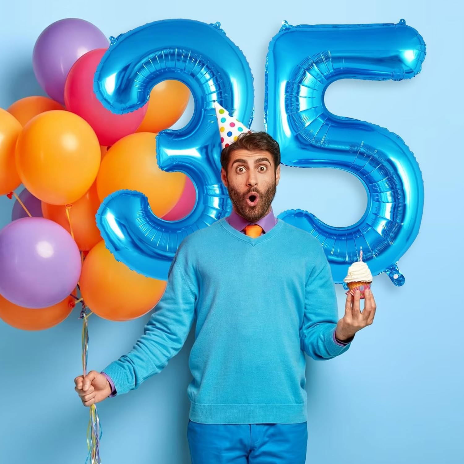 Balon din Folie Metalizata, Flippy, Figurina Cifra, Tema Aniversare 100 cm, Ambalaj Individual, Pai inclus, Umflare cu Aer sau Heliu, Albastru, Cifra 3 [3]