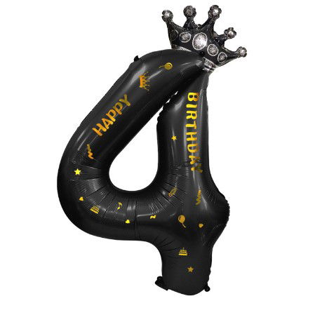 Balon din Folie Metalizata Flippy, Figurina Cifra si Coroana, Scris Happy Birthday, Tema Aniversare 100 cm, Ambalaj Individual, Pai inclus, Umflare cu Aer sau Heliu, Negru, Cifra 4 [7]