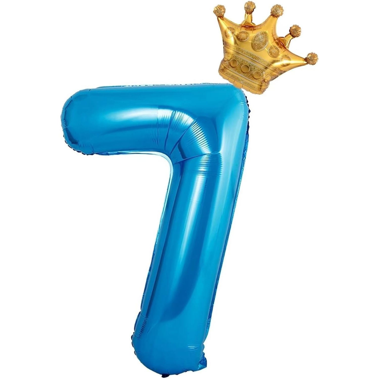 Balon din Folie Metalizata Flippy, Figurina Cifra si Coroana, Tema Aniversare 100 cm, Ambalaj Individual, Pai inclus, Umflare cu Aer sau Heliu, Albastru, Cifra 7 [3]