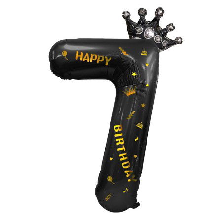 Balon din Folie Metalizata Flippy, Figurina Cifra si Coroana, Scris Happy Birthday, Tema Aniversare 100 cm, Ambalaj Individual, Pai inclus, Umflare cu Aer sau Heliu, Negru, Cifra 7 [6]