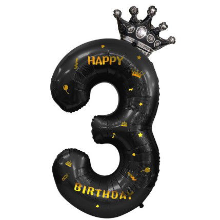 Balon din Folie Metalizata Flippy, Figurina Cifra si Coroana, Scris Happy Birthday, Tema Aniversare 100 cm, Ambalaj Individual, Pai inclus, Umflare cu Aer sau Heliu, Negru, Cifra 3 [6]