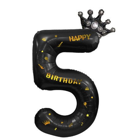 Balon din Folie Metalizata Flippy, Figurina Cifra si Coroana, Scris Happy Birthday, Tema Aniversare 100 cm, Ambalaj Individual, Pai inclus, Umflare cu Aer sau Heliu, Negru, Cifra 5 [6]