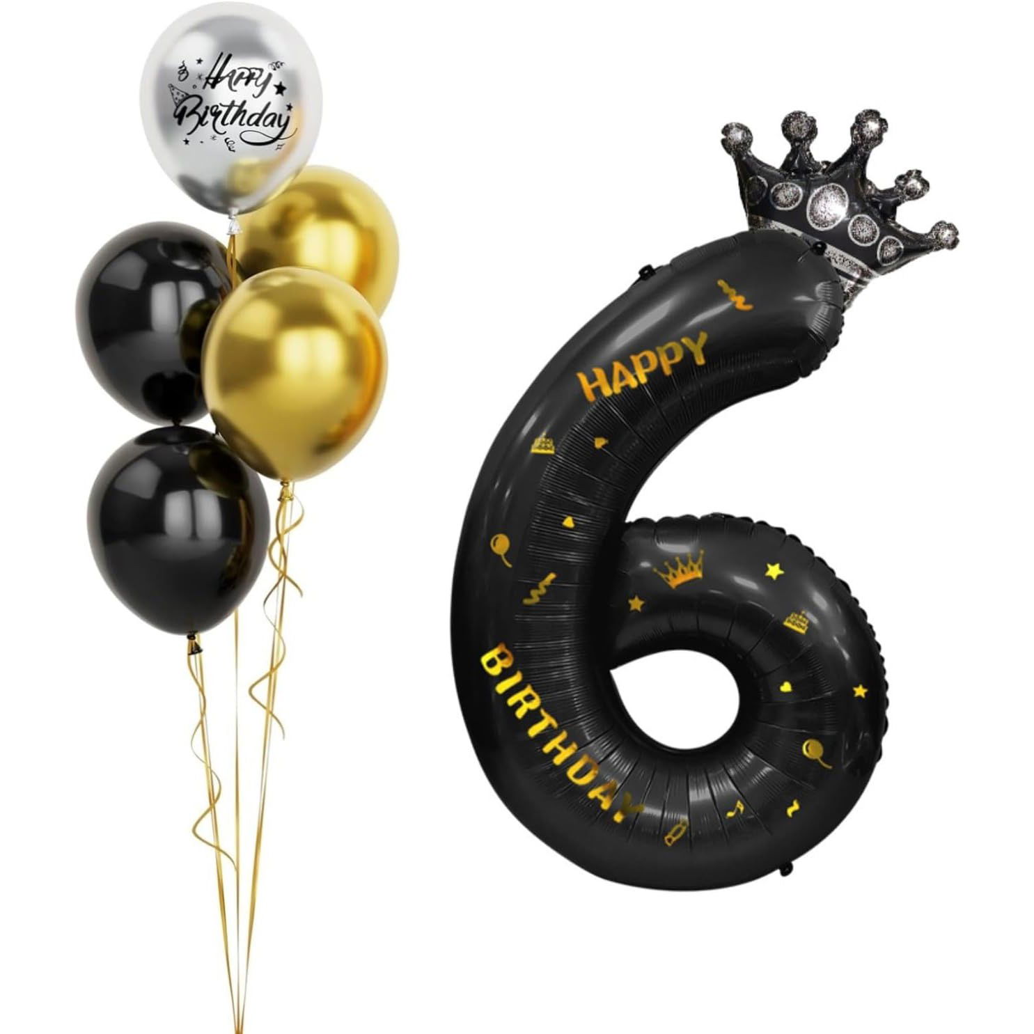 Balon din Folie Metalizata Flippy, Figurina Cifra si Coroana, Scris Happy Birthday, Tema Aniversare 100 cm, Ambalaj Individual, Pai inclus, Umflare cu Aer sau Heliu, Negru, Cifra 6 [3]