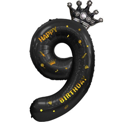 Balon din Folie Metalizata Flippy, Figurina Cifra si Coroana, Scris Happy Birthday, Tema Aniversare 100 cm, Ambalaj Individual, Pai inclus, Umflare cu Aer sau Heliu, Negru, Cifra 9 [6]