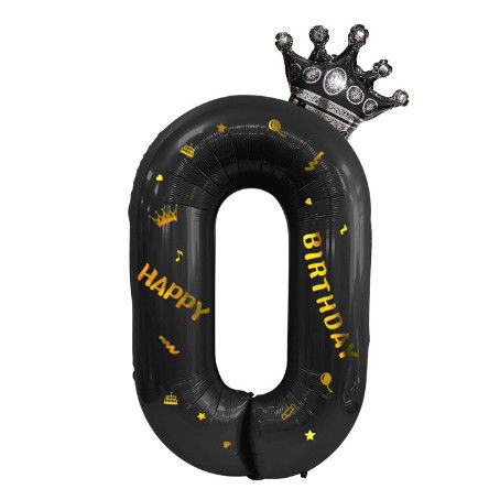 Balon din Folie Metalizata Flippy, Figurina Cifra si Coroana, Scris Happy Birthday, Tema Aniversare 100 cm, Ambalaj Individual, Pai inclus, Umflare cu Aer sau Heliu, Negru, Cifra 0 [7]