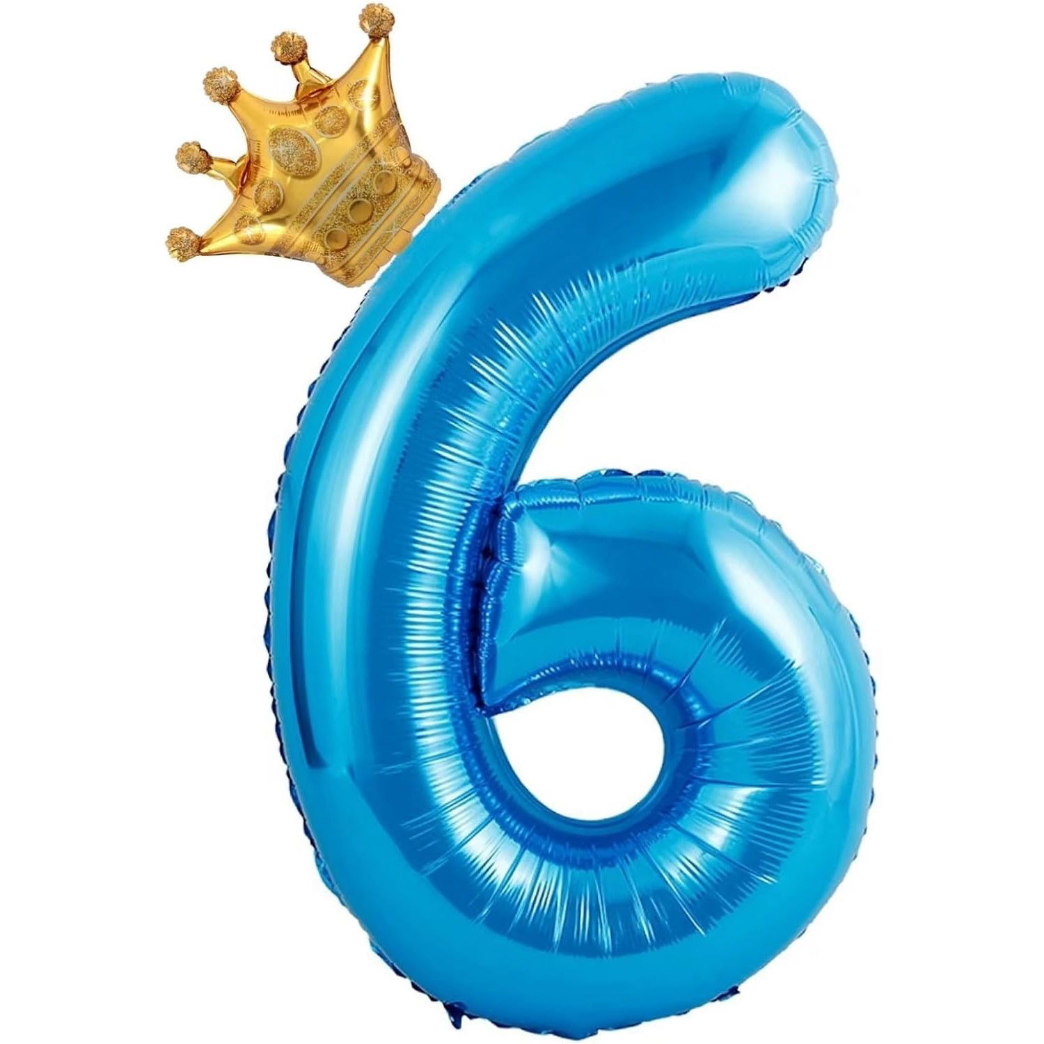 10 - 25 LEI - Balon din Folie Metalizata Flippy, Figurina Cifra si Coroana, Tema Aniversare 100 cm, Ambalaj Individual, Pai inclus, Umflare cu Aer sau Heliu, Albastru, Cifra 6