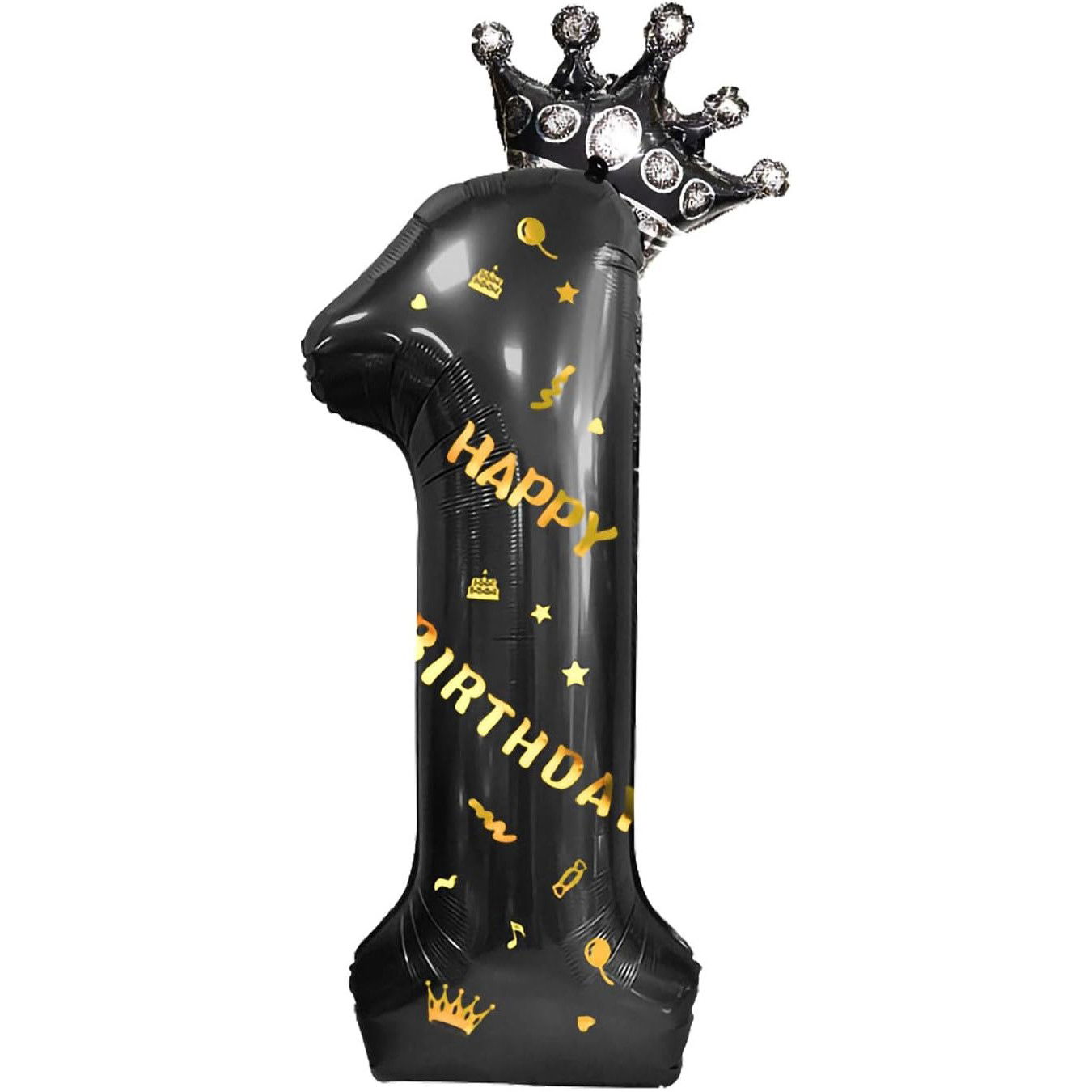 10 - 25 LEI - Balon din Folie Metalizata Flippy, Figurina Cifra si Coroana, Scris Happy Birthday, Tema Aniversare 100 cm, Ambalaj Individual, Pai inclus, Umflare cu Aer sau Heliu, Negru, Cifra 1