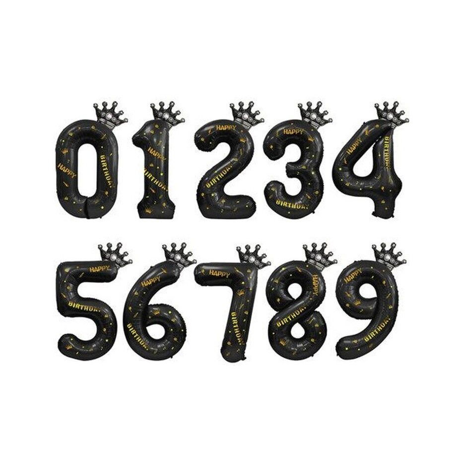 Balon din Folie Metalizata Flippy, Figurina Cifra si Coroana, Scris Happy Birthday, Tema Aniversare 100 cm, Ambalaj Individual, Pai inclus, Umflare cu Aer sau Heliu, Negru, Cifra 9 [4]