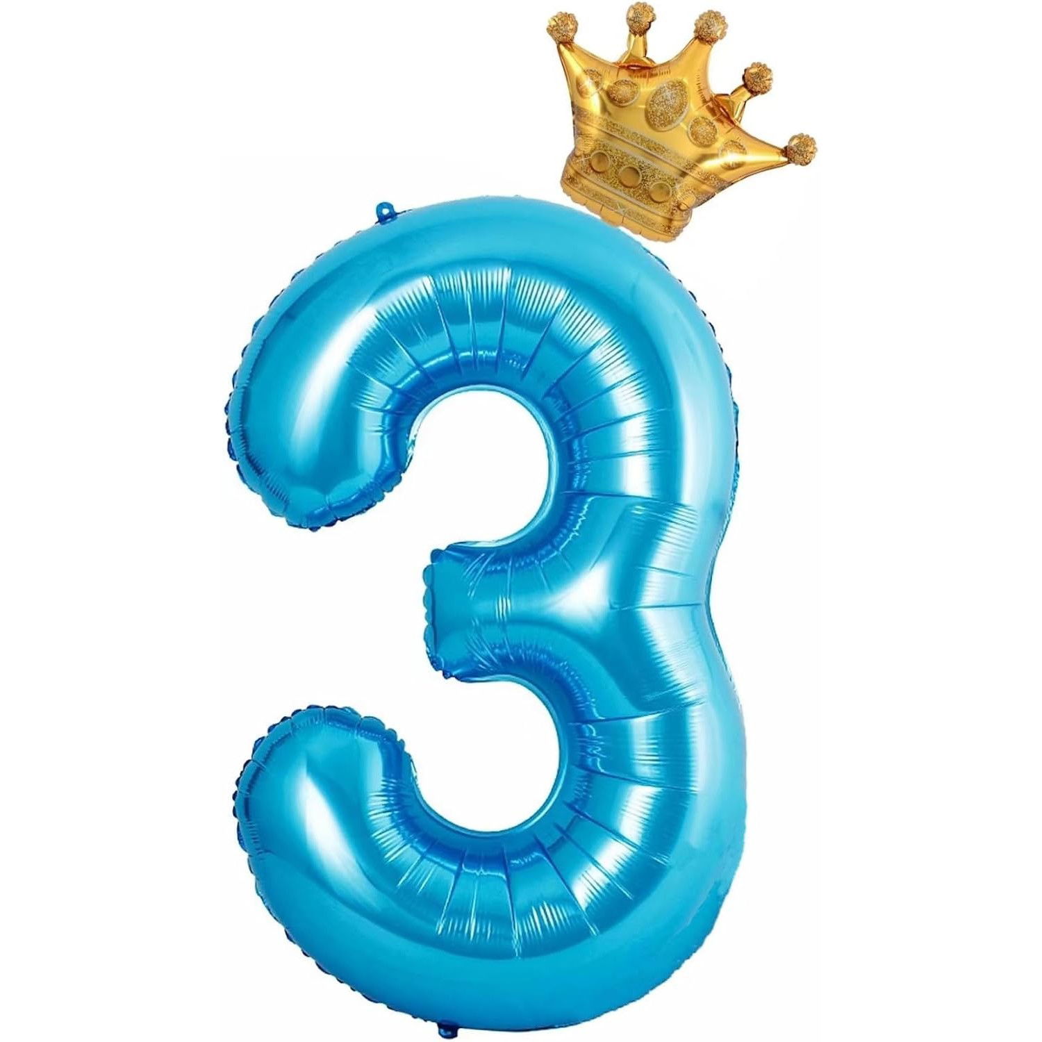 Petrecere - Balon din Folie Metalizata Flippy, Figurina Cifra si Coroana, Tema Aniversare 100 cm, Ambalaj Individual, Pai inclus, Umflare cu Aer sau Heliu, Albastru, Cifra 3