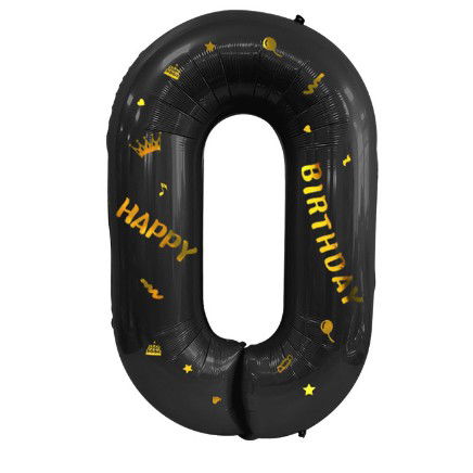 Balon din Folie Metalizata Flippy, Figurina Cifra, Scris Happy Birthday, Tema Aniversare 100 cm, Ambalaj Individual, Pai inclus, Umflare cu Aer sau Heliu, Negru, Cifra 0 [5]