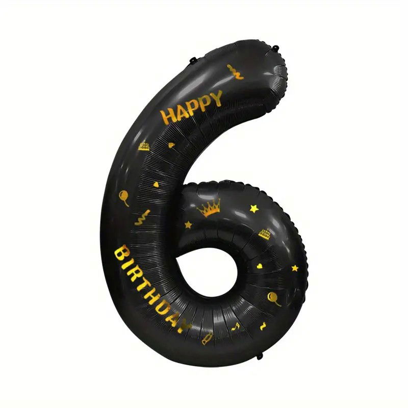 10 - 25 LEI - Balon din Folie Metalizata Flippy, Figurina Cifra, Scris Happy Birthday, Tema Aniversare 100 cm, Ambalaj Individual, Pai inclus, Umflare cu Aer sau Heliu, Negru, Cifra 6