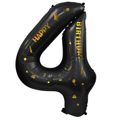Balon din Folie Metalizata Flippy, Figurina Cifra, Scris Happy Birthday, Tema Aniversare 100 cm, Ambalaj Individual, Pai inclus, Umflare cu Aer sau Heliu, Negru, Cifra 4 [4]