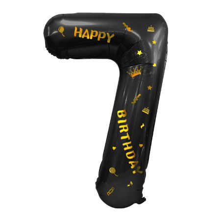Balon din Folie Metalizata Flippy, Figurina Cifra, Scris Happy Birthday, Tema Aniversare 100 cm, Ambalaj Individual, Pai inclus, Umflare cu Aer sau Heliu, Negru, Cifra 7 [3]