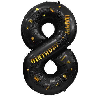 Balon din Folie Metalizata Flippy, Figurina Cifra, Scris Happy Birthday, Tema Aniversare 100 cm, Ambalaj Individual, Pai inclus, Umflare cu Aer sau Heliu, Negru, Cifra 8 [3]