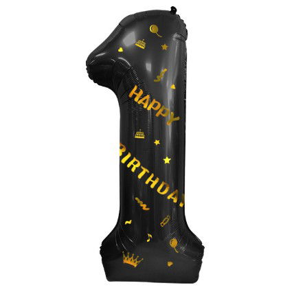 Balon din Folie Metalizata Flippy, Figurina Cifra, Scris Happy Birthday, Tema Aniversare 100 cm, Ambalaj Individual, Pai inclus, Umflare cu Aer sau Heliu, Negru, Cifra 1 [7]
