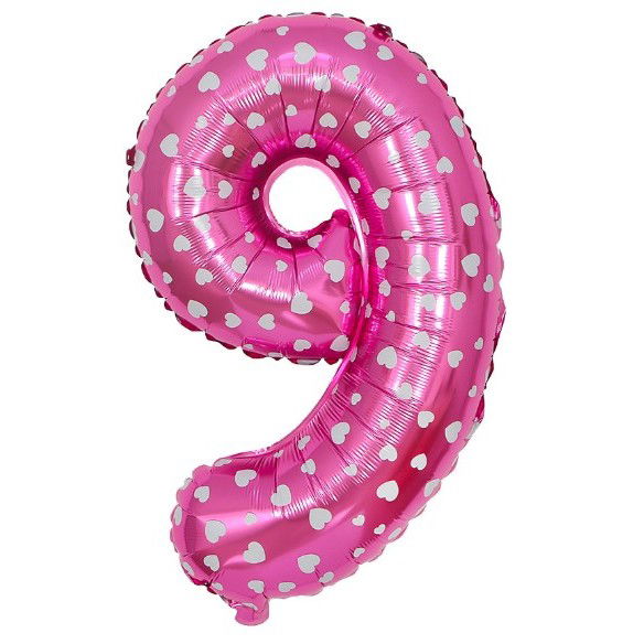 10 - 25 LEI - Balon din Folie Metalizata Flippy, Figurina Cifra, Imprimeu Inimi, Tema Aniversare 80 cm, Ambalaj Individual, Pai inclus, Umflare cu Aer sau Heliu, Roz, Cifra 9