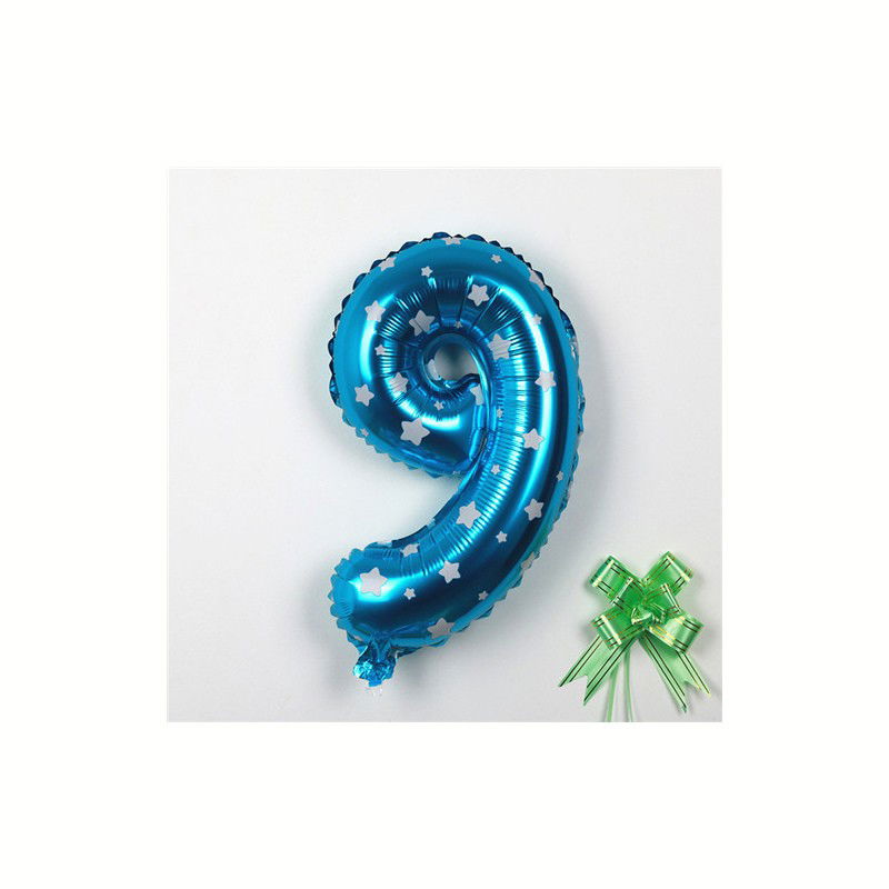 Balon din Folie Metalizata Flippy, Figurina Cifra, Imprimeu Stele, Tema Aniversare 80 cm, Ambalaj Individual, Pai inclus, Umflare cu Aer sau Heliu, Albastru, Cifra 9 [3]