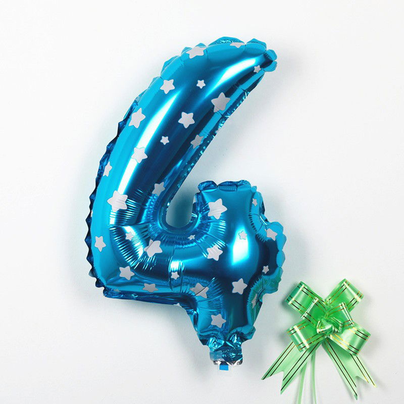 Balon din Folie Metalizata Flippy, Figurina Cifra, Imprimeu Stele, Tema Aniversare 80 cm, Ambalaj Individual, Pai inclus, Umflare cu Aer sau Heliu, Albastru, Cifra 4 [3]