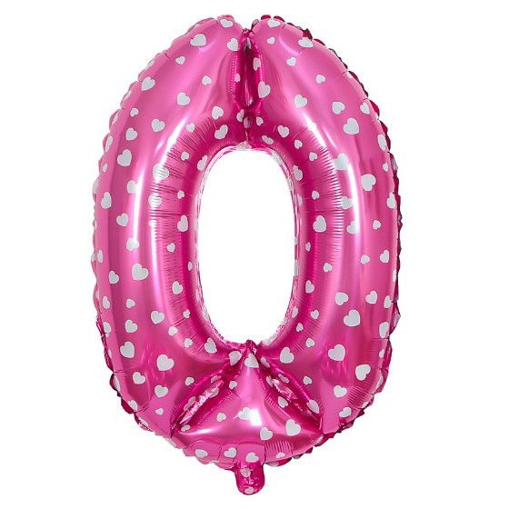 10 - 25 LEI - Balon din Folie Metalizata Flippy, Figurina Cifra, Imprimeu Inimi, Tema Aniversare 80 cm, Ambalaj Individual, Pai inclus, Umflare cu Aer sau Heliu, Roz, Cifra 0