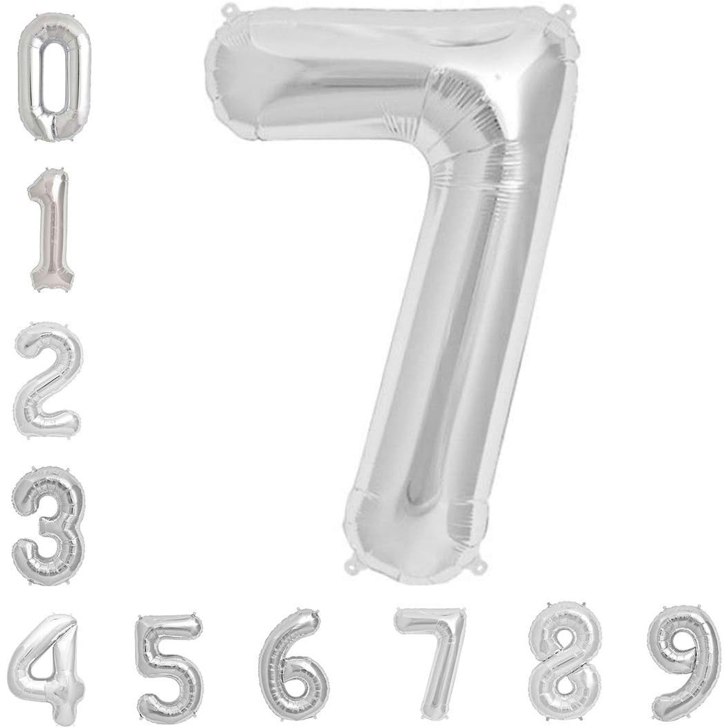 Balon din Folie Metalizata Flippy, Figurina Cifra, Tema Aniversare 40 cm, Ambalaj Individual, Pai inclus, Umflare cu Aer sau Heliu, Argintiu, Cifra 7 [7]