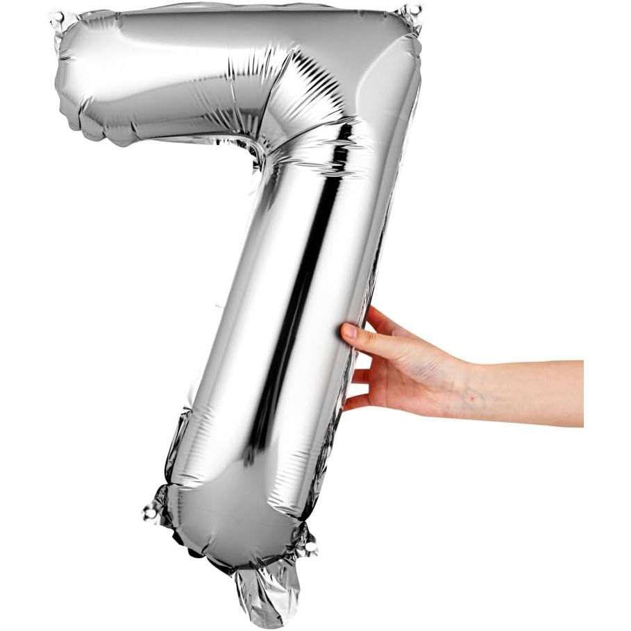 Balon din Folie Metalizata Flippy, Figurina Cifra, Tema Aniversare 40 cm, Ambalaj Individual, Pai inclus, Umflare cu Aer sau Heliu, Argintiu, Cifra 7 [5]