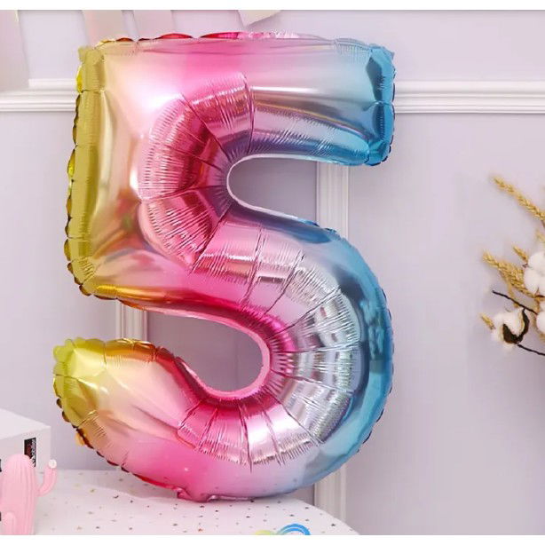 Balon din Folie Metalizata Flippy, Figurina Cifra, Tema Aniversare 40 cm, Ambalaj Individual, Pai inclus, Umflare cu Aer sau Heliu, Multicolor, Cifra 5 [7]