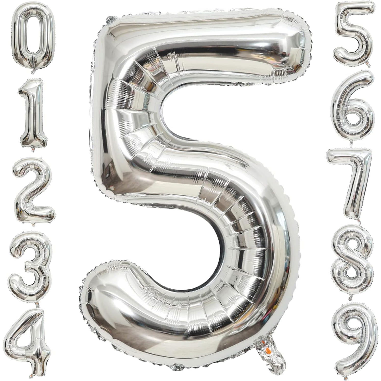 Balon din Folie Metalizata Flippy, Figurina Cifra, Tema Aniversare 40 cm, Ambalaj Individual, Pai inclus, Umflare cu Aer sau Heliu, Argintiu, Cifra 5 [7]