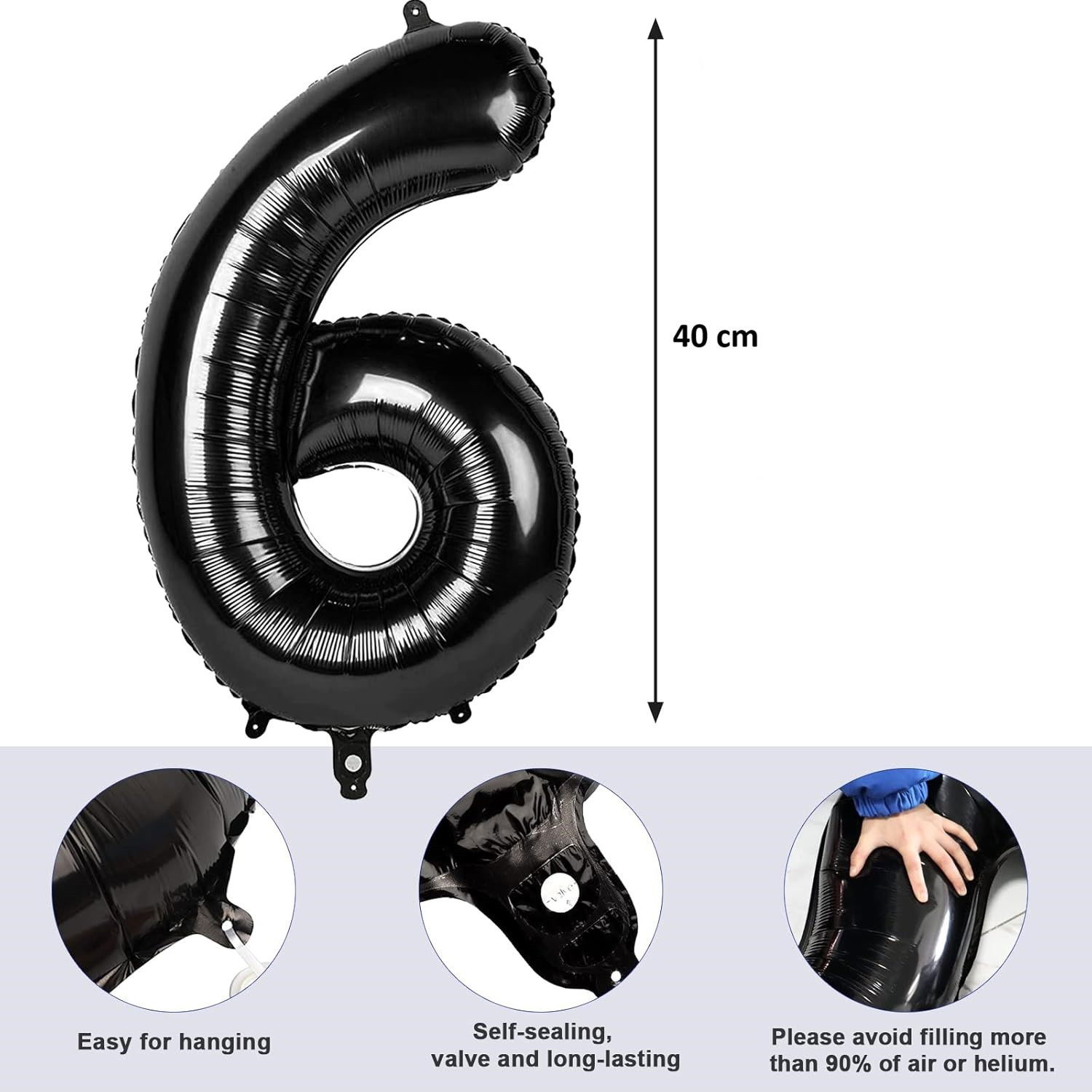 Petrecere - Balon din Folie Metalizata Flippy, Figurina Cifra, Tema Aniversare 40 cm, Ambalaj Individual, Pai inclus, Umflare cu Aer sau Heliu, Negru, Cifra 6