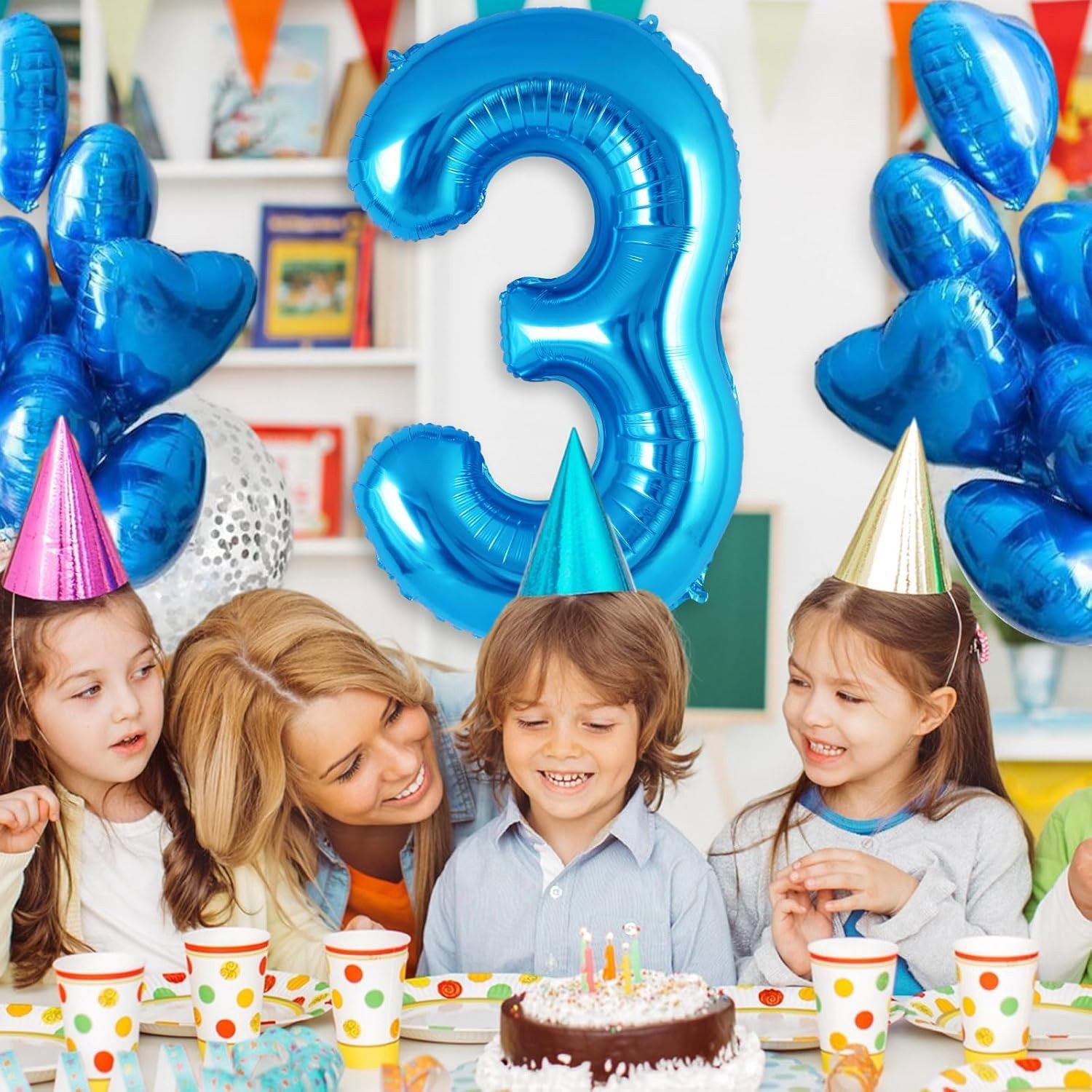 Balon din Folie Metalizata Flippy, Figurina Cifra, Tema Aniversare 40 cm, Ambalaj Individual, Pai inclus, Umflare cu Aer sau Heliu, Albastru, Cifra 3 [4]