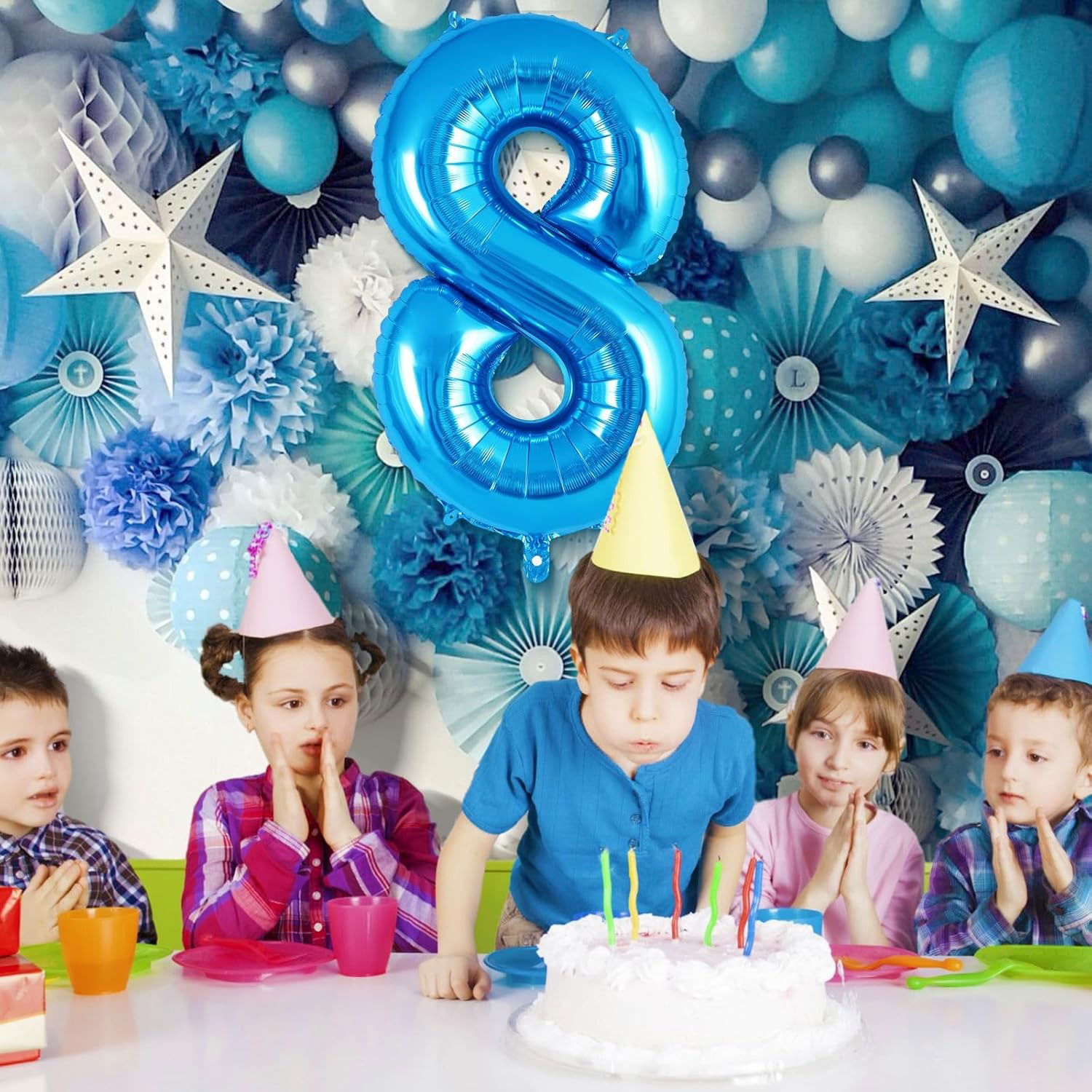 Balon din Folie Metalizata Flippy, Figurina Cifra, Tema Aniversare 40 cm, Ambalaj Individual, Pai inclus, Umflare cu Aer sau Heliu, Albastru, Cifra 8 [3]