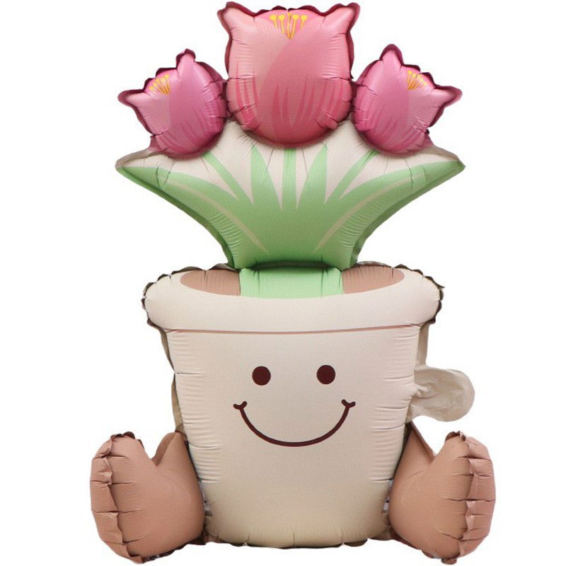 10 - 25 LEI - Balon din Folie Metalizata, Flippy, Figurina Animata, Model Ghiveci de Flori, 58 x 55 cm, Ambalaj Individual, Pai Inclus, Umflare cu Aer sau Heliu, Roz
