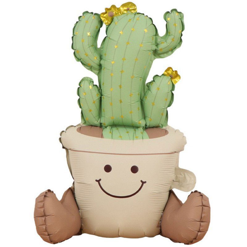 10 - 25 LEI - Balon din Folie Metalizata, Flippy, Figurina Animata, Model Ghivechi Cactus, 57.5 x 56 cm, Ambalaj Individual, Pai Inclus, Umflare cu Aer sau Heliu, Verde