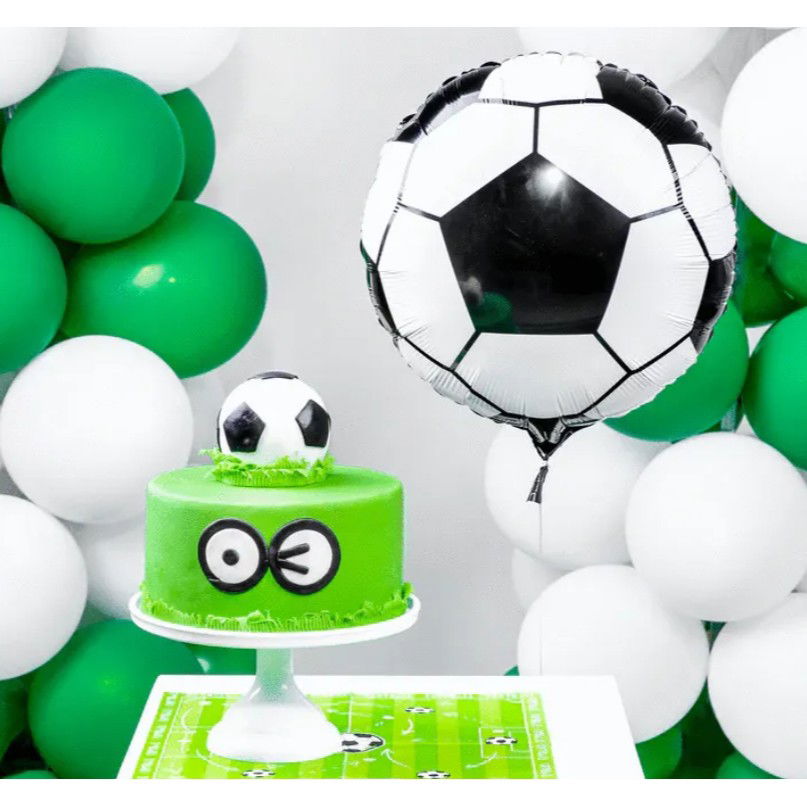 Balon din Folie Metalizata, Flippy, Figurina Cerc, Model Minge de Fotbal, Tematica Sport, 45 cm, Ambalaj Individual, Pai Inclus, Umflare cu Aer sau Heliu, Alb-Negru [4]